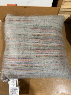 Set of 2 Cozy Fuzzy Striped Throw Pillow in Soft Gray with Pastel Accents